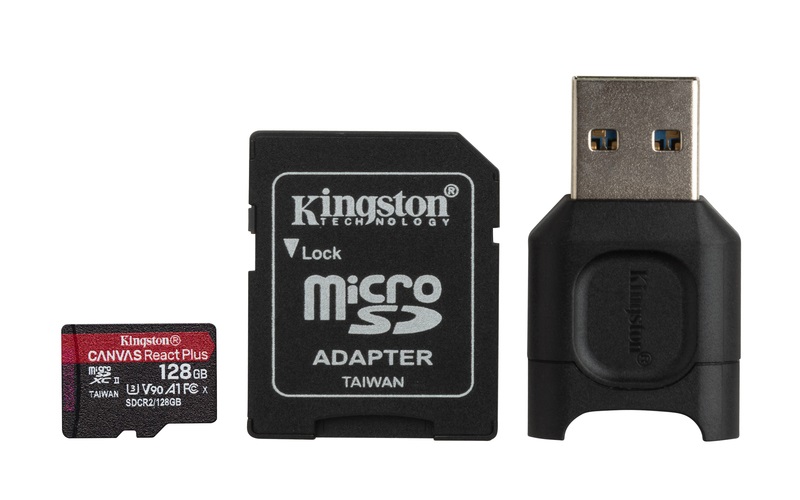 Kingston 128GB SD micro Canvas React Plus (SDXC Class 10 UHS-II U3) (MLPMR2/128GB) memóriakártya adapterrel, olvasóval