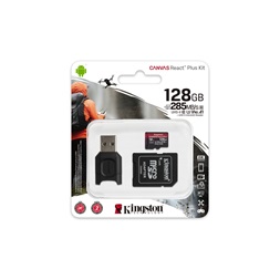 Kingston 128GB SD micro Canvas React Plus (SDXC Class 10 UHS-II U3) (MLPMR2/128GB) memóriakártya adapterrel, olvasóval