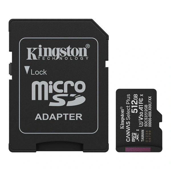Kingston 512 SD micro Canvas Select Plus (SDXC Class 10 UHS-I U3) memória kártya adapterrel