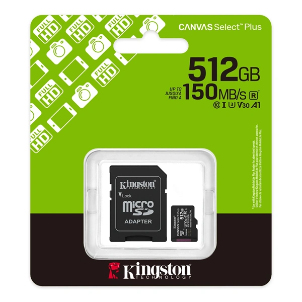Kingston 512 SD micro Canvas Select Plus (SDXC Class 10 UHS-I U3) memória kártya adapterrel