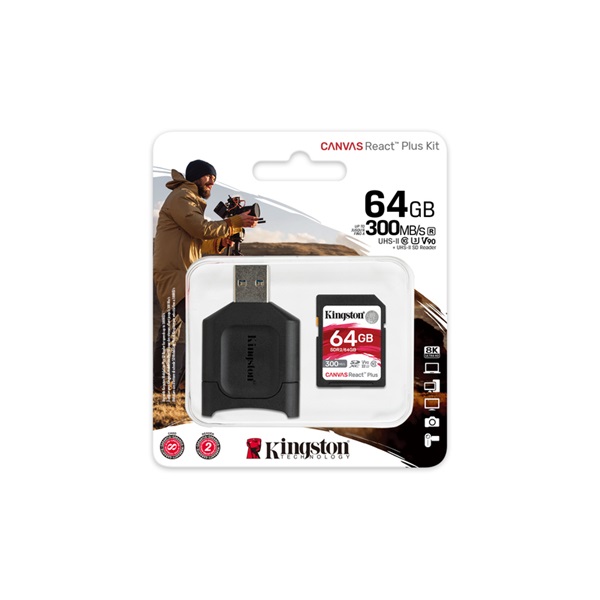 Kingston 64GB SD Canvas React Plus (SDXC Class 10 UHS-II U3) (MLPR2/64GB) memóriakártya + olvasó