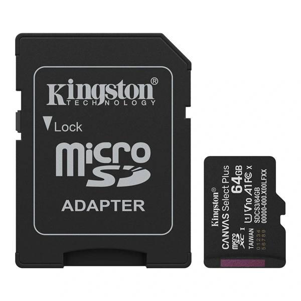Kingston 64 SD micro Canvas Select Plus (SDXC Class 10 UHS-I U3) memória kártya adapterrel
