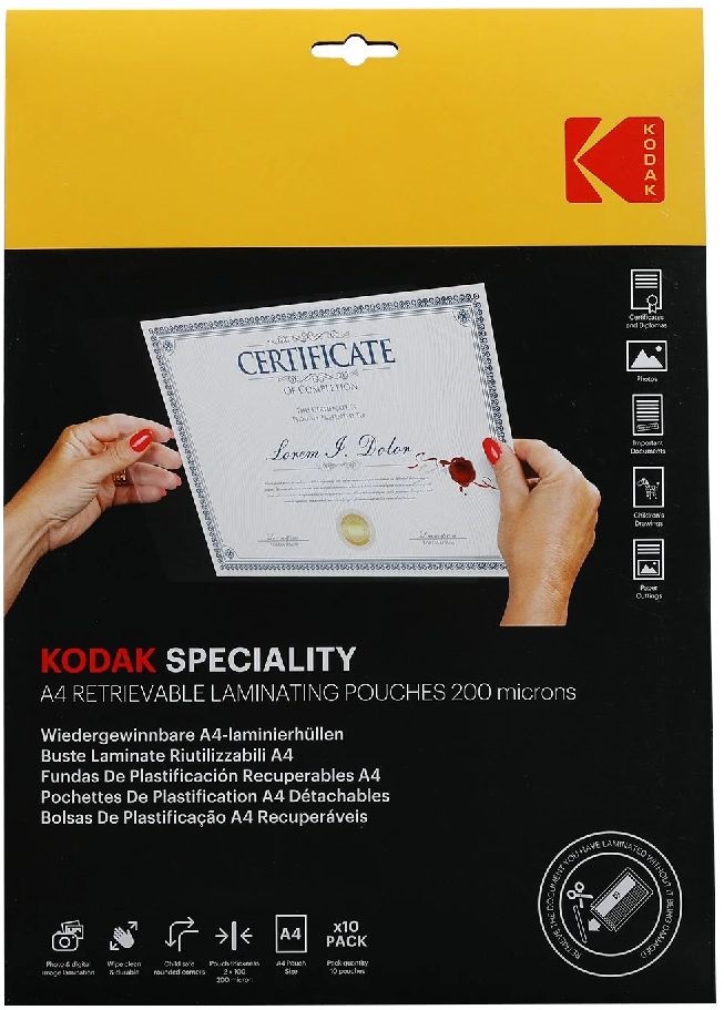 Kodak A4, 200 micron, 10 db/csomag visszaszedhető fényes lamináló fólia