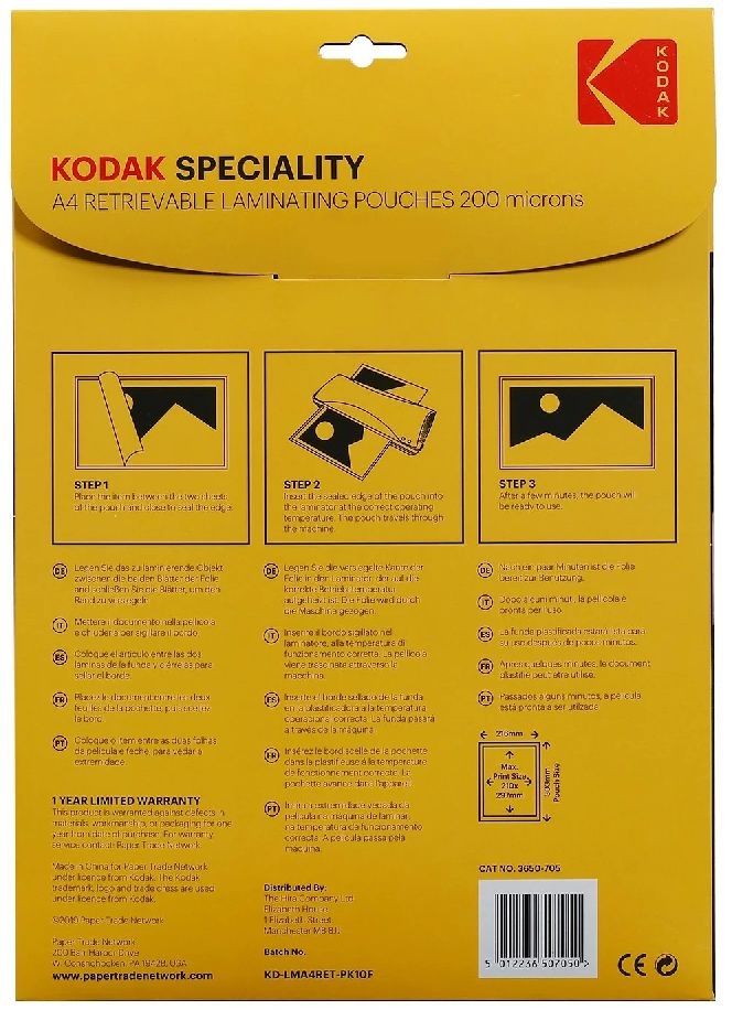 Kodak A4, 200 micron, 10 db/csomag visszaszedhető fényes lamináló fólia