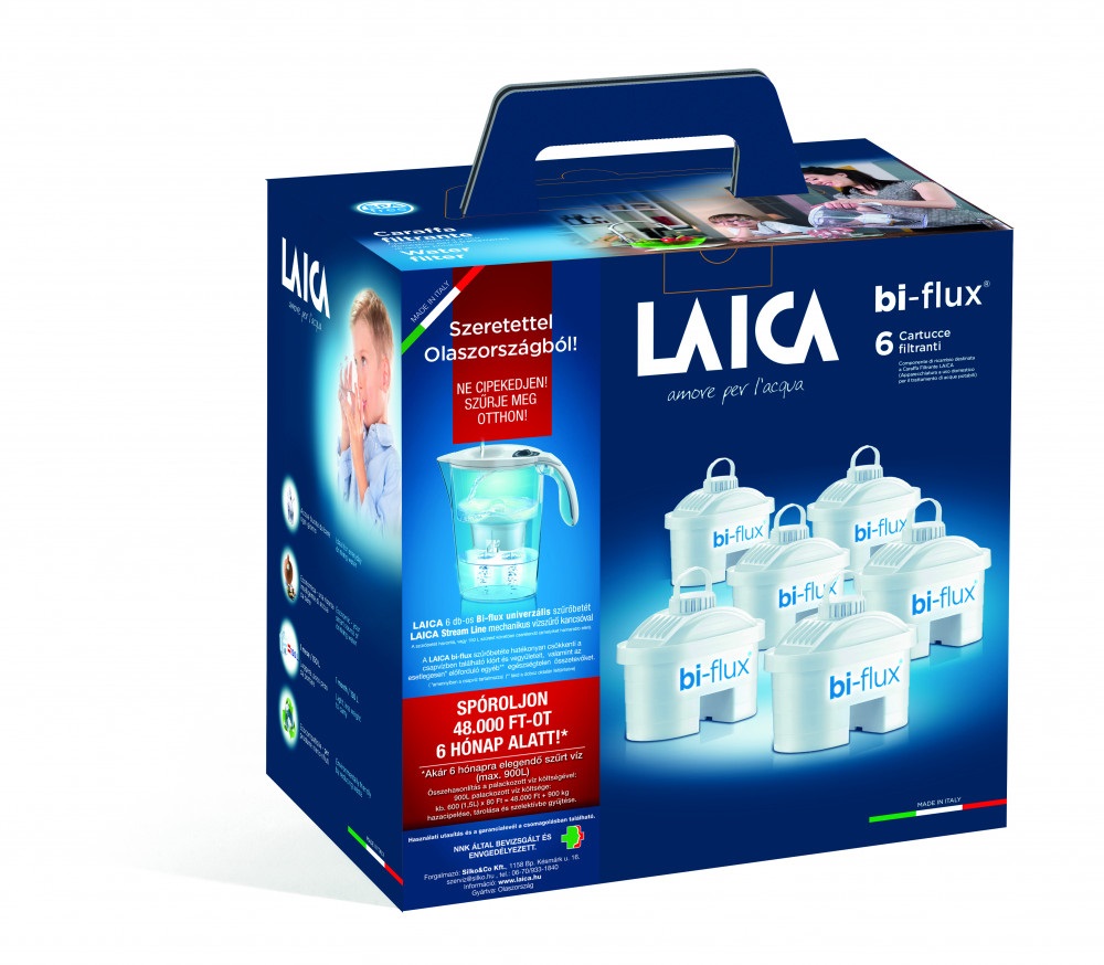 LAICA J996050 6 db-os bi-flux univerzális szűrőbetét LAICA STREAM LINE fehér mechanikus vízszűrő kancsóval, ajándékszett