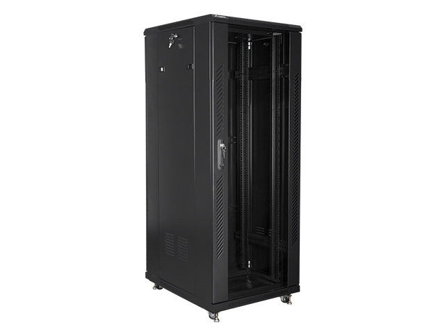 Lanberg FA01-6832-12B 19" 32U SZÉL:600mm MÉLY:800mm MAG:1603mm összeszerelt üvegajtós fekete rack szekrény
