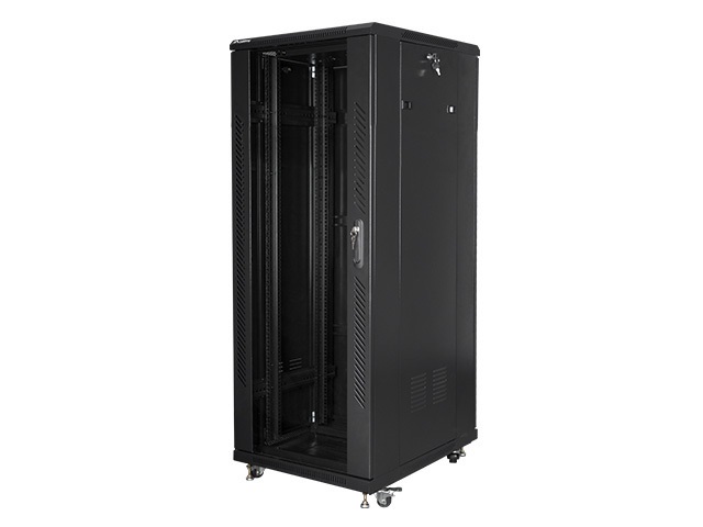 Lanberg FA01-6832-12B 19" 32U SZÉL:600mm MÉLY:800mm MAG:1603mm összeszerelt üvegajtós fekete rack szekrény