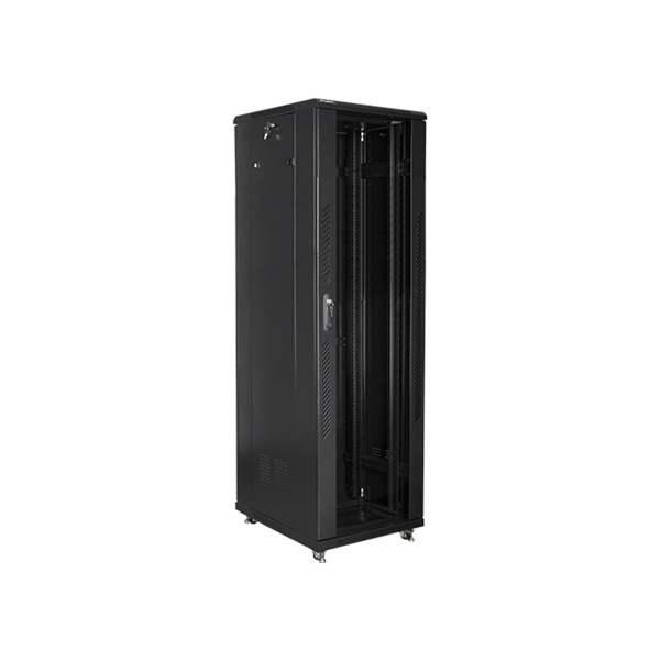 Lanberg FA01-8047-12B 19" 47U SZÉL:800mm MÉLY:1000mm MAG:2277mm összeszerelt üvegajtós fekete rack szekrény
