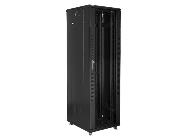 Lanberg FA01-8047-12B 19" 47U SZÉL:800mm MÉLY:1000mm MAG:2277mm összeszerelt üvegajtós fekete rack szekrény