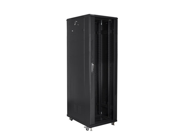 Lanberg FA01-8842-12B 19" 42U SZÉL:800mm MÉLY:800mm MAG:2047mm összeszerelt üvegajtós fekete rack szekrény