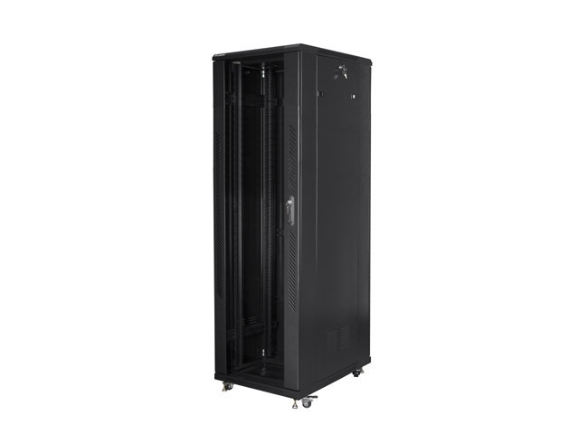 Lanberg FA01-8842-12B 19" 42U SZÉL:800mm MÉLY:800mm MAG:2047mm összeszerelt üvegajtós fekete rack szekrény