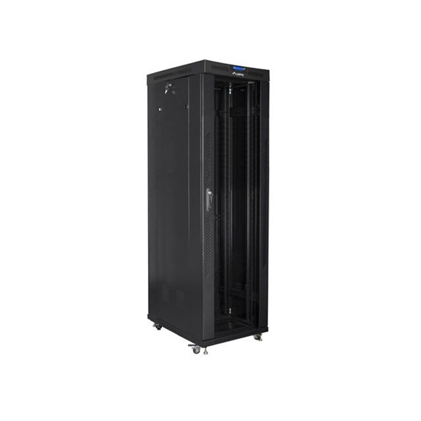 Lanberg FF01-6042-12BL 19" 42U SZÉL:600mm MÉLY:1000mm MAG:2097mm lapraszerelt LCD üvegajtós fekete rack szekrény