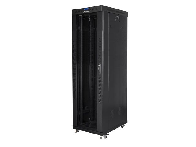 Lanberg FF01-6042-12BL 19" 42U SZÉL:600mm MÉLY:1000mm MAG:2097mm lapraszerelt LCD üvegajtós fekete rack szekrény