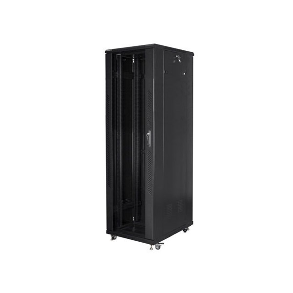 Lanberg FF01-6042-12B 19" 42U SZÉL:600mm MÉLY:1000mm MAG:2047mm lapraszerelt üvegajtós fekete rack szekrény