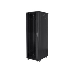 Lanberg FF01-6042-12B 19" 42U SZÉL:600mm MÉLY:1000mm MAG:2047mm lapraszerelt üvegajtós fekete rack szekrény