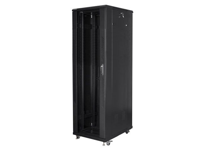 Lanberg FF01-6042-12B 19" 42U SZÉL:600mm MÉLY:1000mm MAG:2047mm lapraszerelt üvegajtós fekete rack szekrény