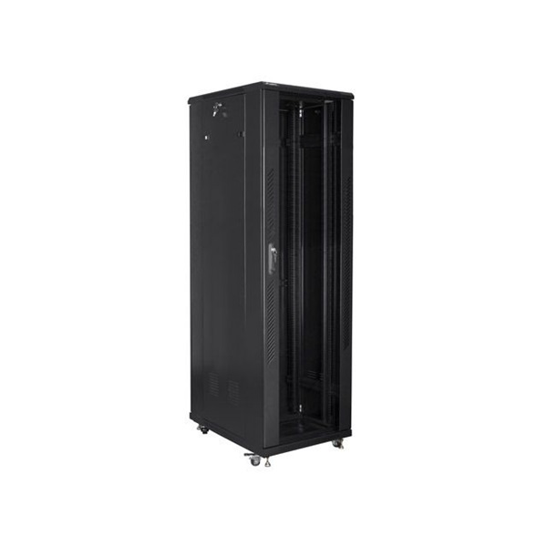 Lanberg FF01-6042-12B 19" 42U SZÉL:600mm MÉLY:1000mm MAG:2047mm lapraszerelt üvegajtós fekete rack szekrény