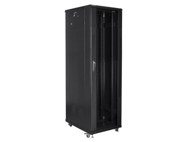 Lanberg FF01-6042-12B 19" 42U SZÉL:600mm MÉLY:1000mm MAG:2047mm lapraszerelt üvegajtós fekete rack szekrény