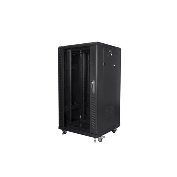 Lanberg FF01-6622-12B 19" 22U SZÉL:600mm MÉLY:600mm MAG:1159mm lapraszerelt üvegajtós fekete rack szekrény