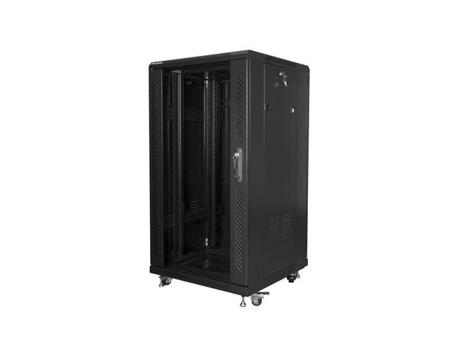 Lanberg FF01-6622-12B 19" 22U SZÉL:600mm MÉLY:600mm MAG:1159mm lapraszerelt üvegajtós fekete rack szekrény