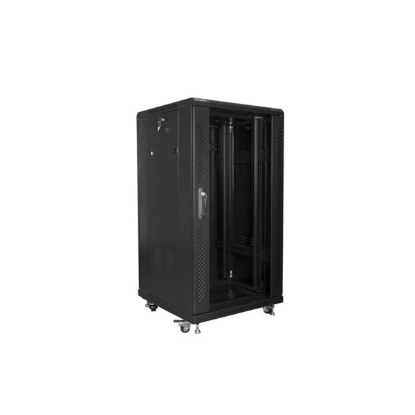 Lanberg FF01-6622-12B 19" 22U SZÉL:600mm MÉLY:600mm MAG:1159mm lapraszerelt üvegajtós fekete rack szekrény
