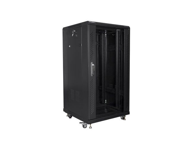 Lanberg FF01-6622-12B 19" 22U SZÉL:600mm MÉLY:600mm MAG:1159mm lapraszerelt üvegajtós fekete rack szekrény