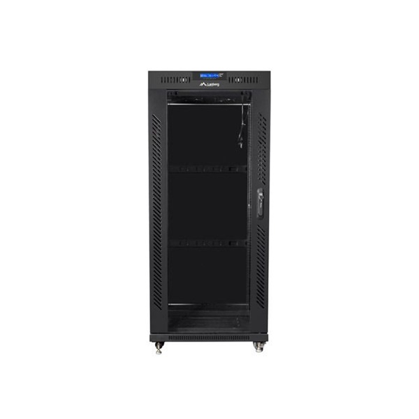 Lanberg FF01-6627-12BL 19" 27U SZÉL:600mm MÉLY:600mm MAG:1431mm lapraszerelt LCD üvegajtós fekete rack szekrény