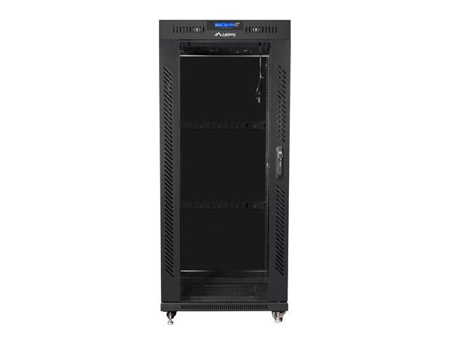 Lanberg FF01-6627-12BL 19" 27U SZÉL:600mm MÉLY:600mm MAG:1431mm lapraszerelt LCD üvegajtós fekete rack szekrény