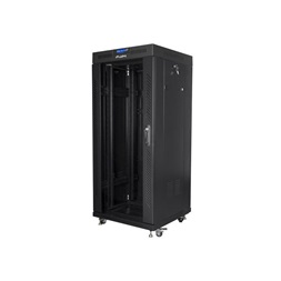 Lanberg FF01-6627-12BL 19" 27U SZÉL:600mm MÉLY:600mm MAG:1431mm lapraszerelt LCD üvegajtós fekete rack szekrény