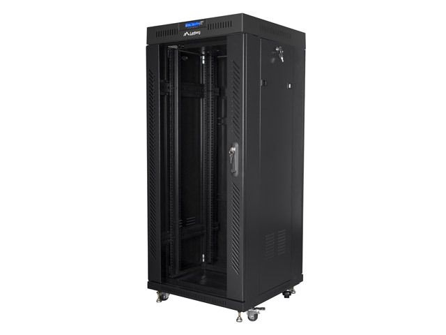 Lanberg FF01-6627-12BL 19" 27U SZÉL:600mm MÉLY:600mm MAG:1431mm lapraszerelt LCD üvegajtós fekete rack szekrény