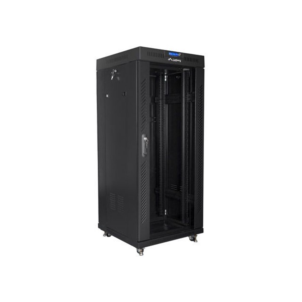 Lanberg FF01-6627-12BL 19" 27U SZÉL:600mm MÉLY:600mm MAG:1431mm lapraszerelt LCD üvegajtós fekete rack szekrény