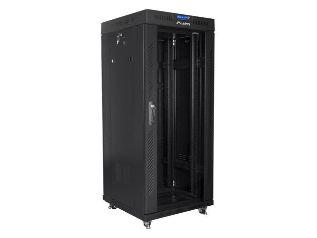 Lanberg FF01-6627-12BL 19" 27U SZÉL:600mm MÉLY:600mm MAG:1431mm lapraszerelt LCD üvegajtós fekete rack szekrény