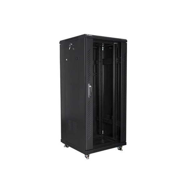Lanberg FF01-6627-12B 19" 27U SZÉL:600mm MÉLY:600mm MAG:1381mm lapraszerelt üvegajtós fekete rack szekrény