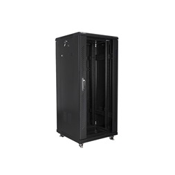 Lanberg FF01-6627-12B 19" 27U SZÉL:600mm MÉLY:600mm MAG:1381mm lapraszerelt üvegajtós fekete rack szekrény