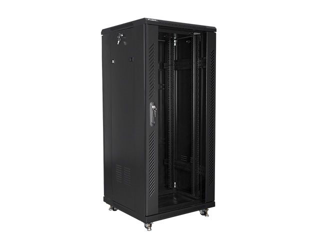 Lanberg FF01-6627-12B 19" 27U SZÉL:600mm MÉLY:600mm MAG:1381mm lapraszerelt üvegajtós fekete rack szekrény