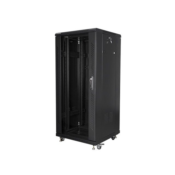Lanberg FF01-6627-12B 19" 27U SZÉL:600mm MÉLY:600mm MAG:1381mm lapraszerelt üvegajtós fekete rack szekrény