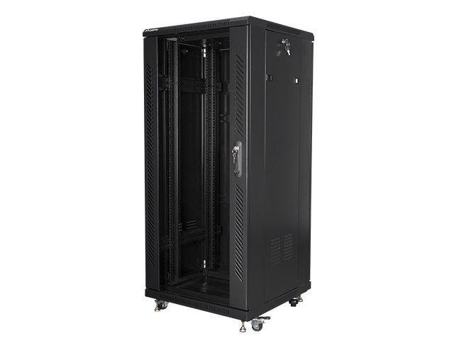 Lanberg FF01-6627-12B 19" 27U SZÉL:600mm MÉLY:600mm MAG:1381mm lapraszerelt üvegajtós fekete rack szekrény