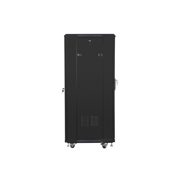 Lanberg FF01-6627-12B 19" 27U SZÉL:600mm MÉLY:600mm MAG:1381mm lapraszerelt üvegajtós fekete rack szekrény