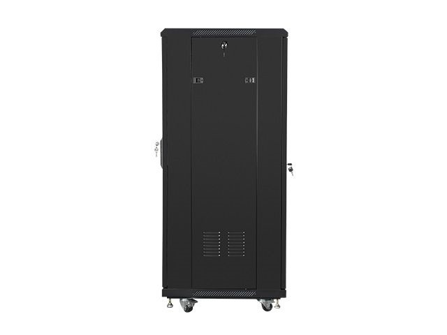 Lanberg FF01-6627-12B 19" 27U SZÉL:600mm MÉLY:600mm MAG:1381mm lapraszerelt üvegajtós fekete rack szekrény