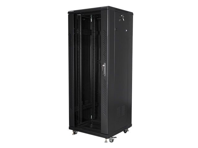 Lanberg FF01-6632-12B 19" 32U SZÉL:600mm MÉLY:600mm MAG:1603mm lapraszerelt üvegajtós fekete rack szekrény