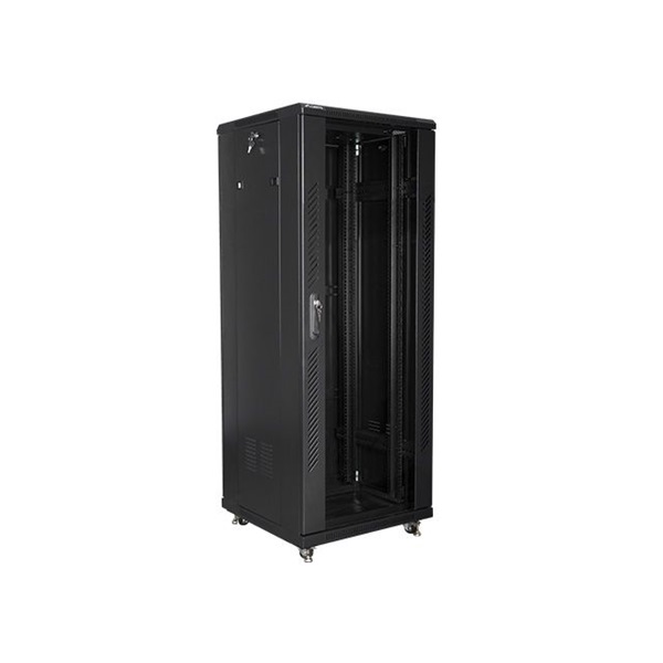Lanberg FF01-6632-12B 19" 32U SZÉL:600mm MÉLY:600mm MAG:1603mm lapraszerelt üvegajtós fekete rack szekrény