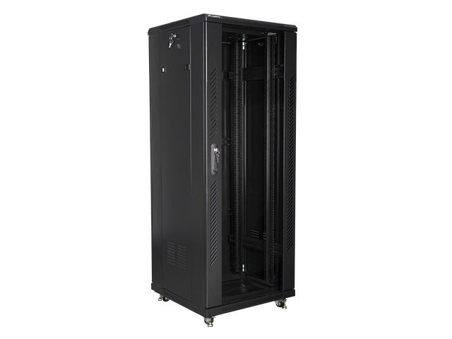 Lanberg FF01-6632-12B 19" 32U SZÉL:600mm MÉLY:600mm MAG:1603mm lapraszerelt üvegajtós fekete rack szekrény