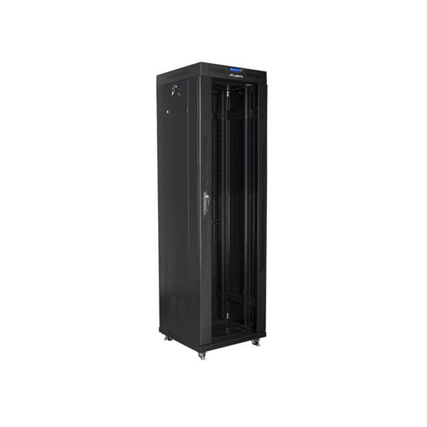 Lanberg FF01-6642-12BL 19" 42U SZÉL:600mm MÉLY:600mm MAG:2097mm lapraszerelt üvegajtós fekete rack szekrény