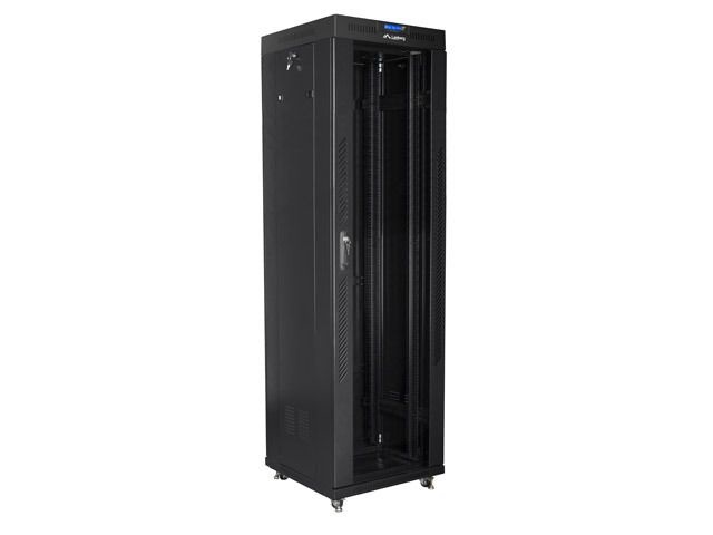 Lanberg FF01-6642-12BL 19" 42U SZÉL:600mm MÉLY:600mm MAG:2097mm lapraszerelt üvegajtós fekete rack szekrény
