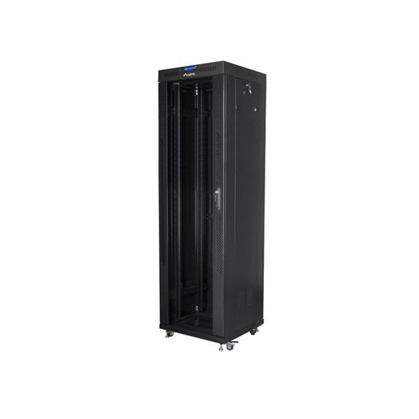 Lanberg FF01-6642-12BL 19" 42U SZÉL:600mm MÉLY:600mm MAG:2097mm lapraszerelt üvegajtós fekete rack szekrény