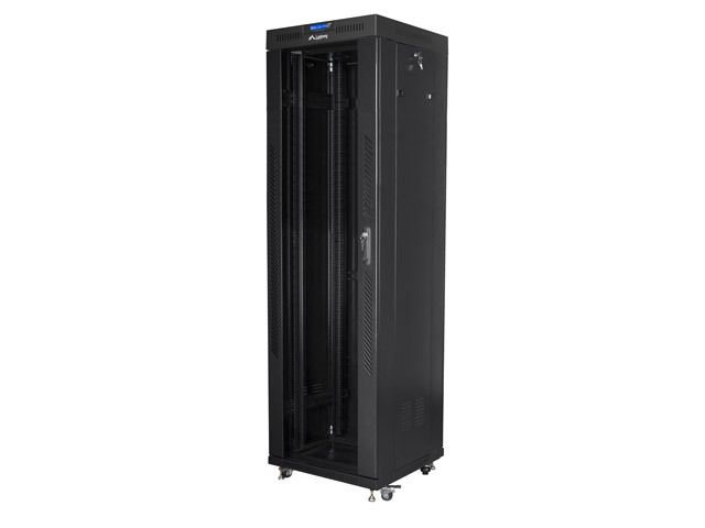 Lanberg FF01-6642-12BL 19" 42U SZÉL:600mm MÉLY:600mm MAG:2097mm lapraszerelt üvegajtós fekete rack szekrény