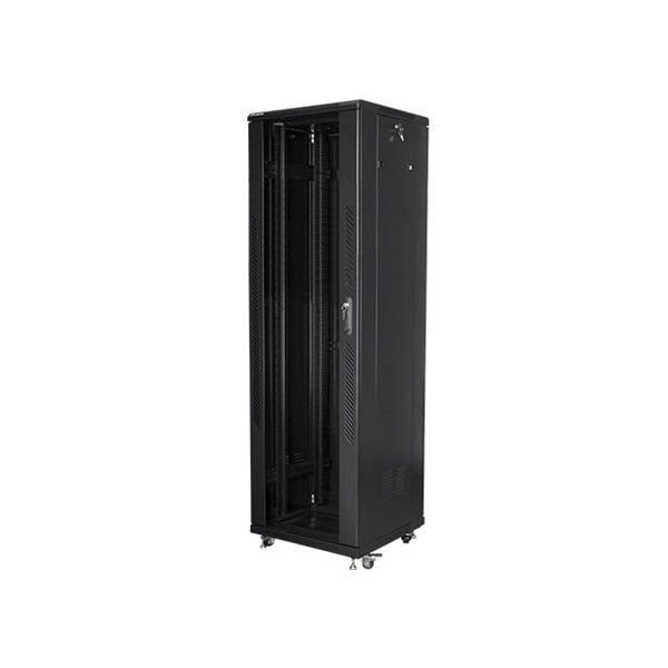 Lanberg FF01-6642-12B 19" 42U SZÉL:600mm MÉLY:600mm MAG:2047mm lapraszerelt üvegajtós fekete rack szekrény