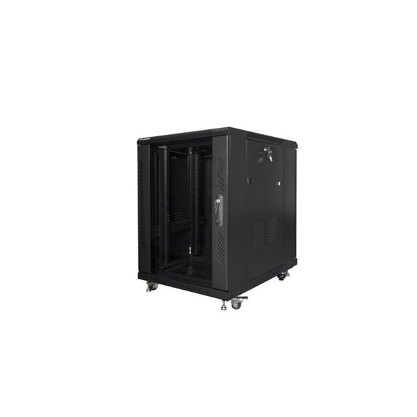 Lanberg FF01-6815-12B 19" 15U SZÉL:600mm MÉLY:800mm MAG:848mm lapraszerelt üvegajtós fekete rack szekrény