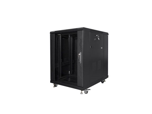 Lanberg FF01-6815-12B 19" 15U SZÉL:600mm MÉLY:800mm MAG:848mm lapraszerelt üvegajtós fekete rack szekrény