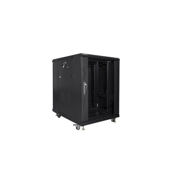 Lanberg FF01-6815-12B 19" 15U SZÉL:600mm MÉLY:800mm MAG:848mm lapraszerelt üvegajtós fekete rack szekrény